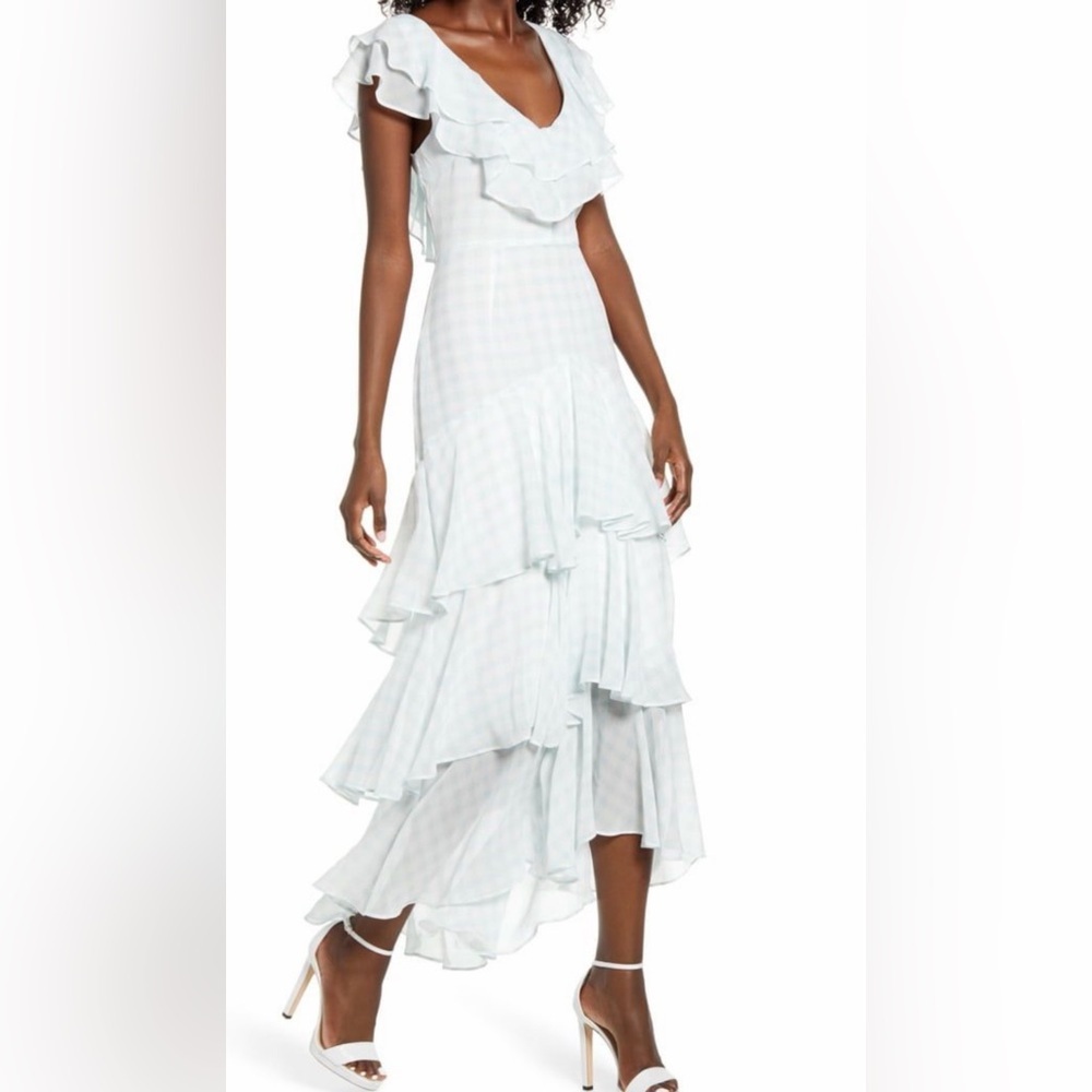 WAYF Blue Gingham Ruffle Midi Dress Medium NWT Tiered V-Neck Wedding Guest